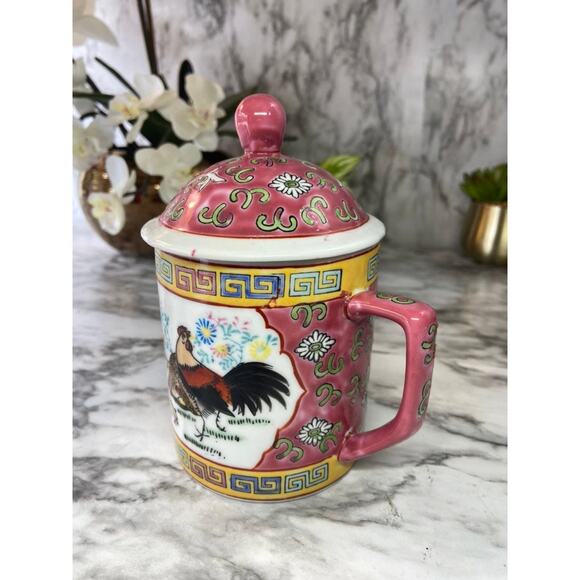 Vintage Pink Chinese Hand Painted Mug with Lid - Picture 2 of 7